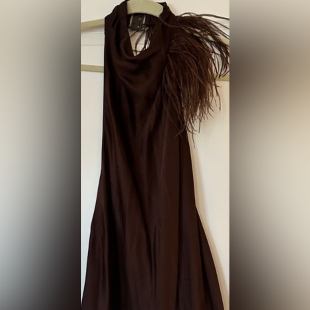 VINCE Elegant Brown Halter Dress with Feather Detail SZ: 6 Orig: $595